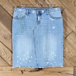 Decoded Denim Skirt Womens Size 9 Blue Butterfly Rhinestone Bleach Splatter Y2K